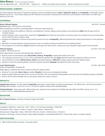 Compact One Page resume template rendered with sample content